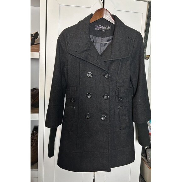 Women's Small Freedom 2 Be Mid-Length Solid Charcoal Gray Pocket Pea Coat - Picture 8 of 8